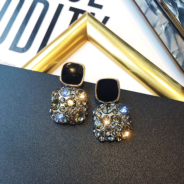 JK KOREA new black earrings temperament noble personality full diamond earrings J0429