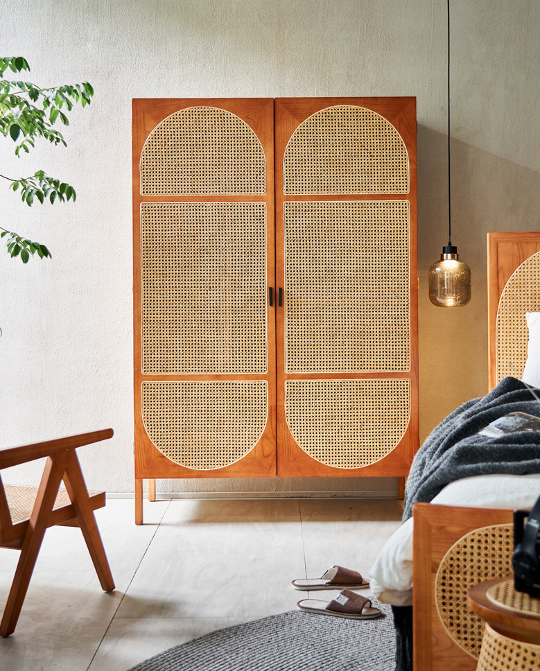 復古藤編實木大型衣櫃