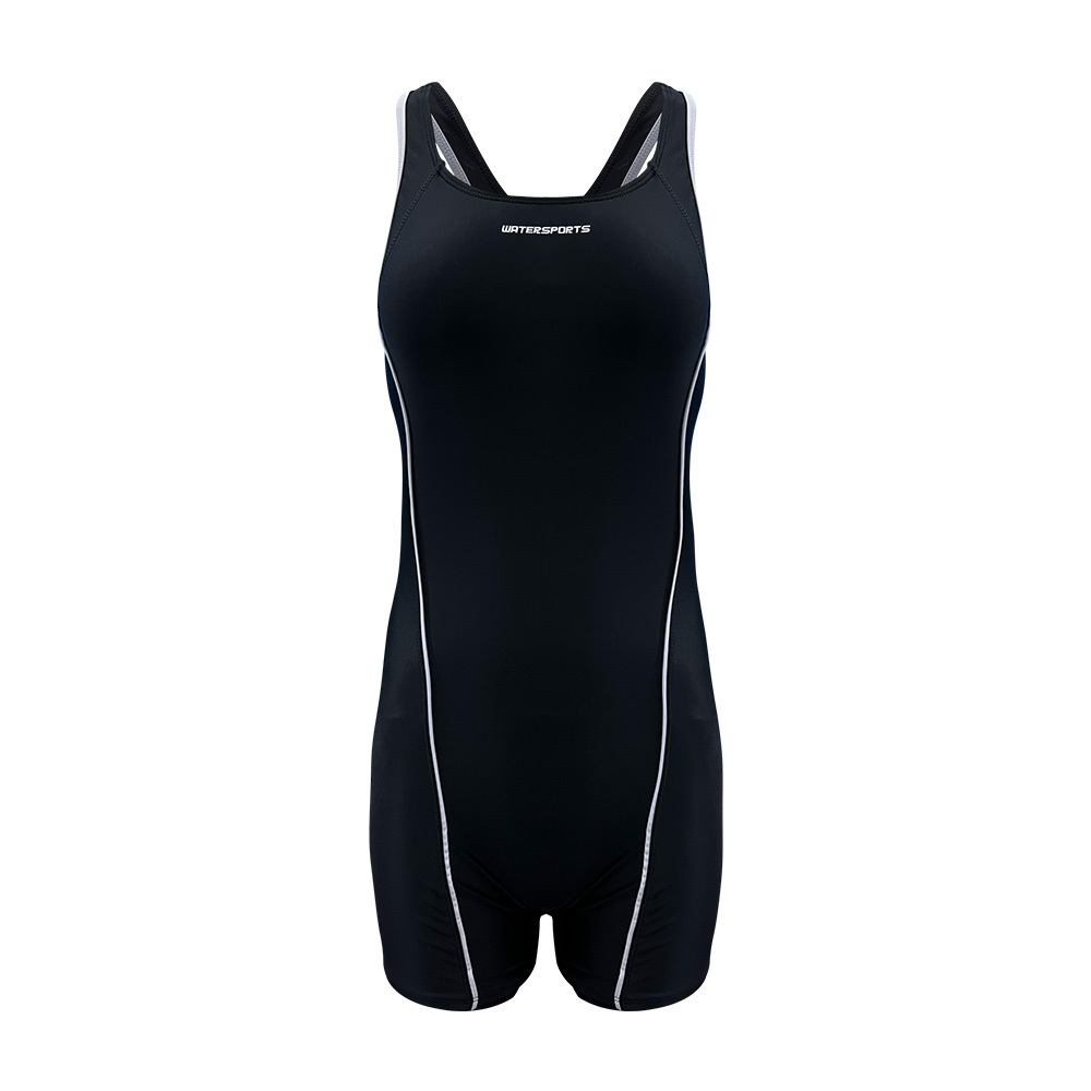 女童 Modest Y背帶中平腳連體泳衣 - 黑/白