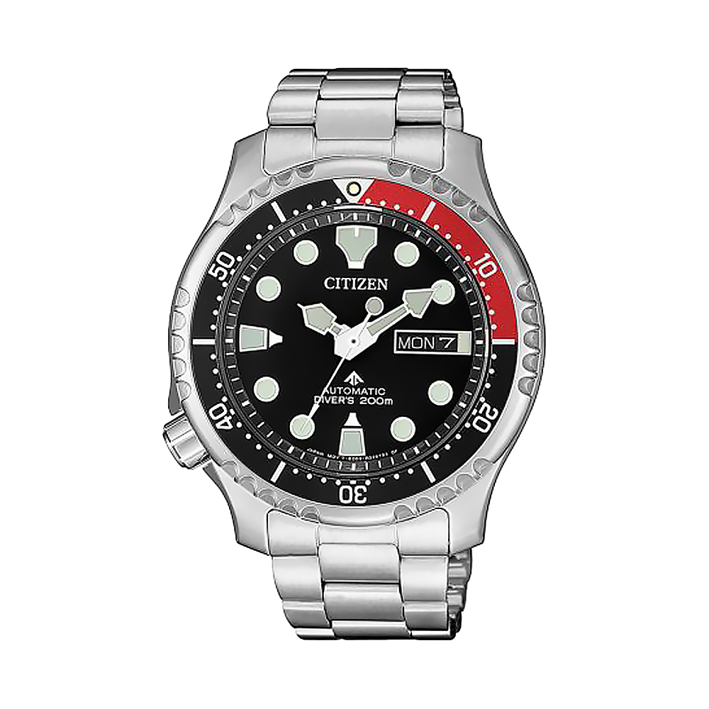 【Citizen 星辰】NY0085-86E 黑紅雙色 水鬼 蝙蝠俠 趣味圓點 單向旋轉 星期日期 夜光指針刻度 男士 不鏽鋼 手錶