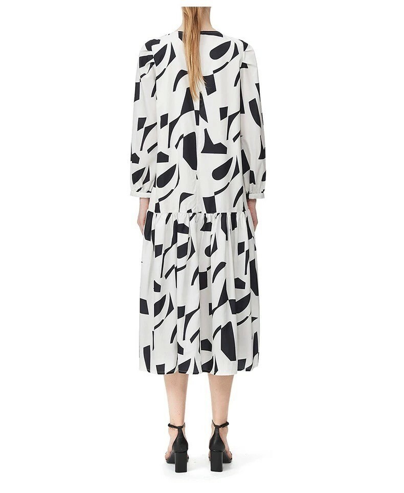 時尚幾何黑白拼色長袖洋裝