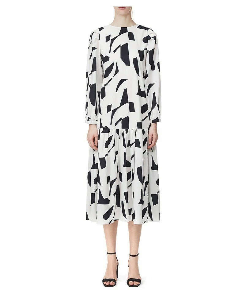 時尚幾何黑白拼色長袖洋裝