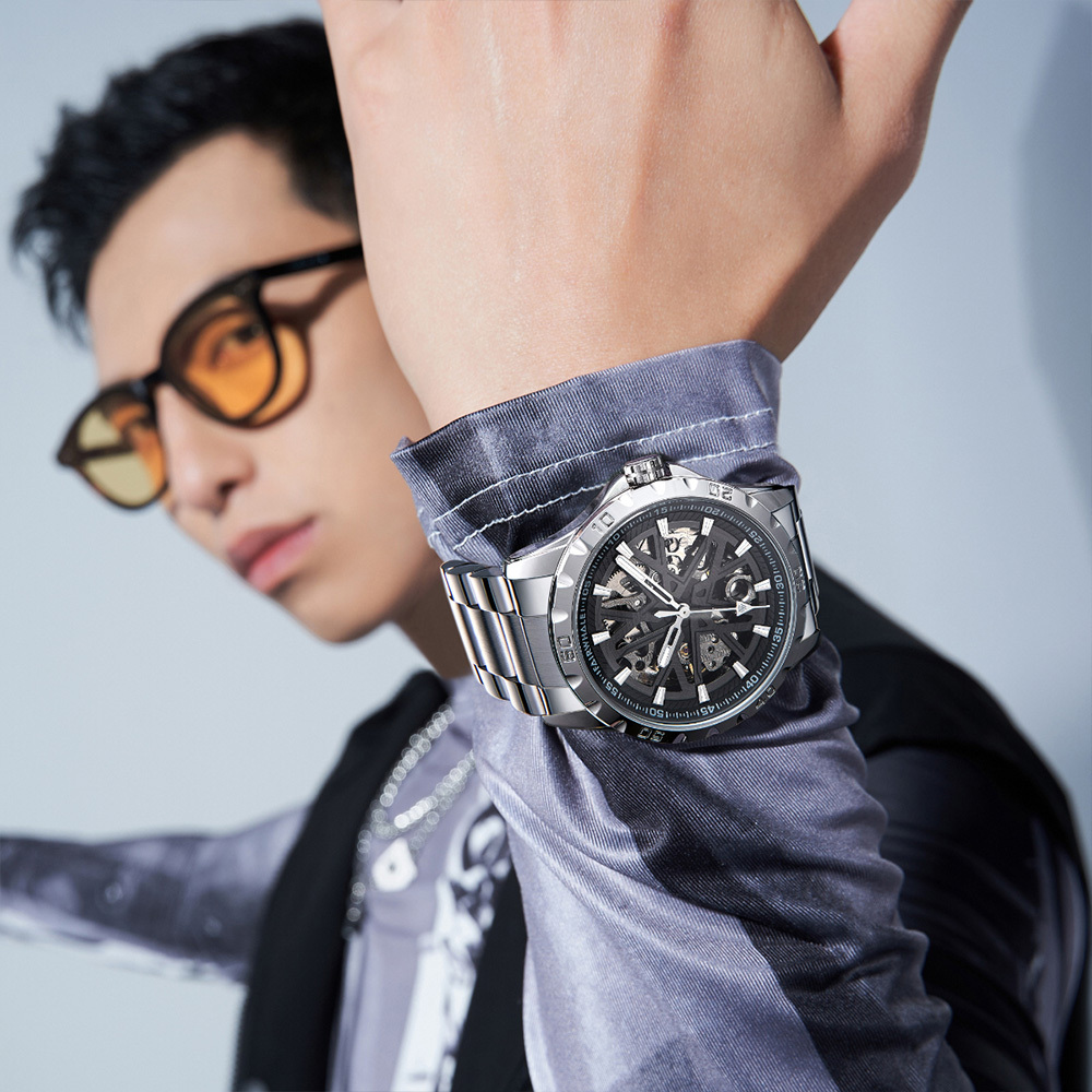 (預購)【Mark fairwhale 馬克菲爾】 6580 雙面鏤空幾何流線 科幻宇宙青春張揚夜光紳士男士 不鏽鋼機械腕錶 手錶