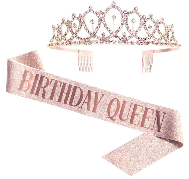 熱賣生日裝飾皇冠肩帶套裝【（皇冠+肩帶）QUEEN玫瑰金套裝1】
