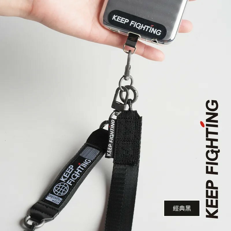 【KEEP FIGHTING】手機掛繩百搭榮耀款-經典黑(寬版/長度可調/夾片式/完整殼通用)