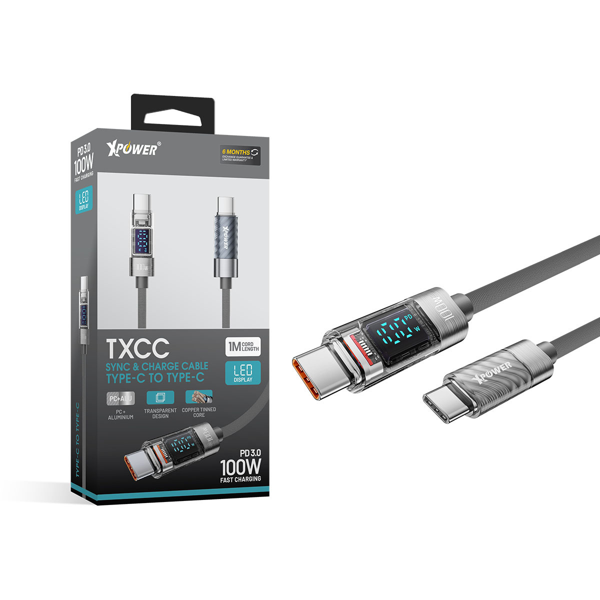 XPower TXCC LED顯示透明100W高速傳輸充電Type-C>Type-C線