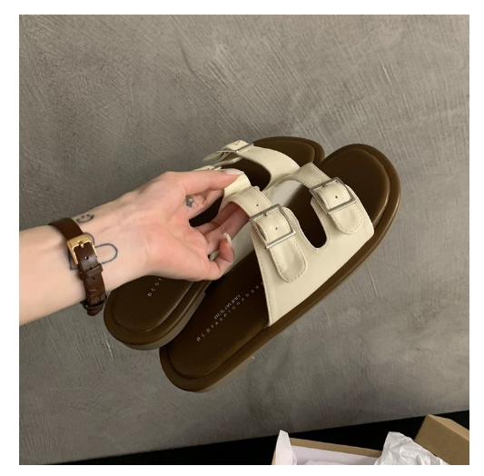 New belt buckle slippers (beige size 35-40) (contact customer service after placing order to confirm delivery size)