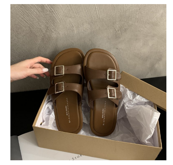 New belt buckle slippers (brown size 35-40) (contact customer service after placing order to confirm delivery size)