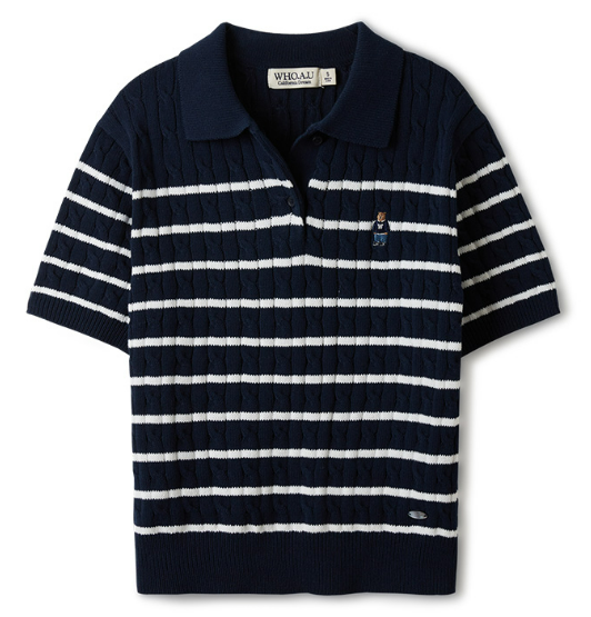 [K] WHO.A.U STEVE COLLAR CABLE STRIPE, NAVY, WHKAE2514F-59-NAVY (KWAU1144)