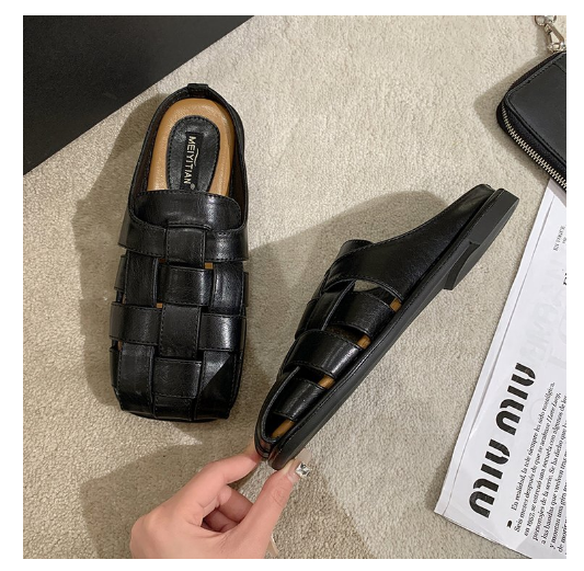 New retro niche woven low thick heel Baotou half drag (black size 35-40) (contact customer service after placing the order to confirm the delivery size)