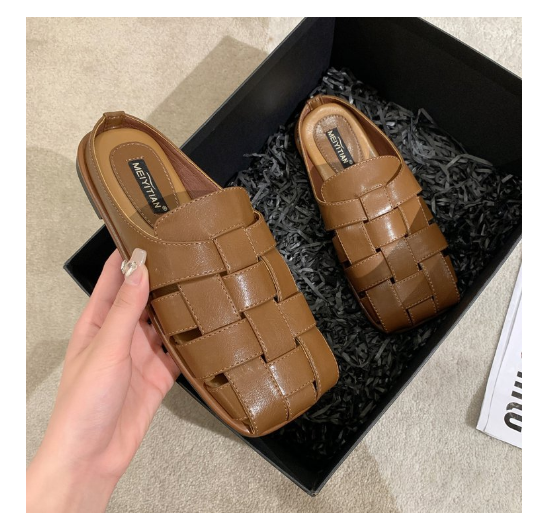 New retro niche woven low thick heel bag toe half drag (dark brown size 35-40) (contact customer service after placing the order to confirm the delivery size)