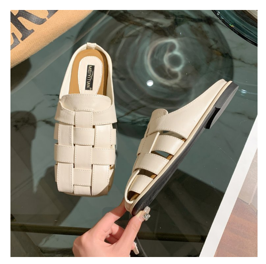 New retro niche woven low thick heel Baotou half drag (off-white size 35-40) (contact customer service after placing the order to confirm the delivery size)