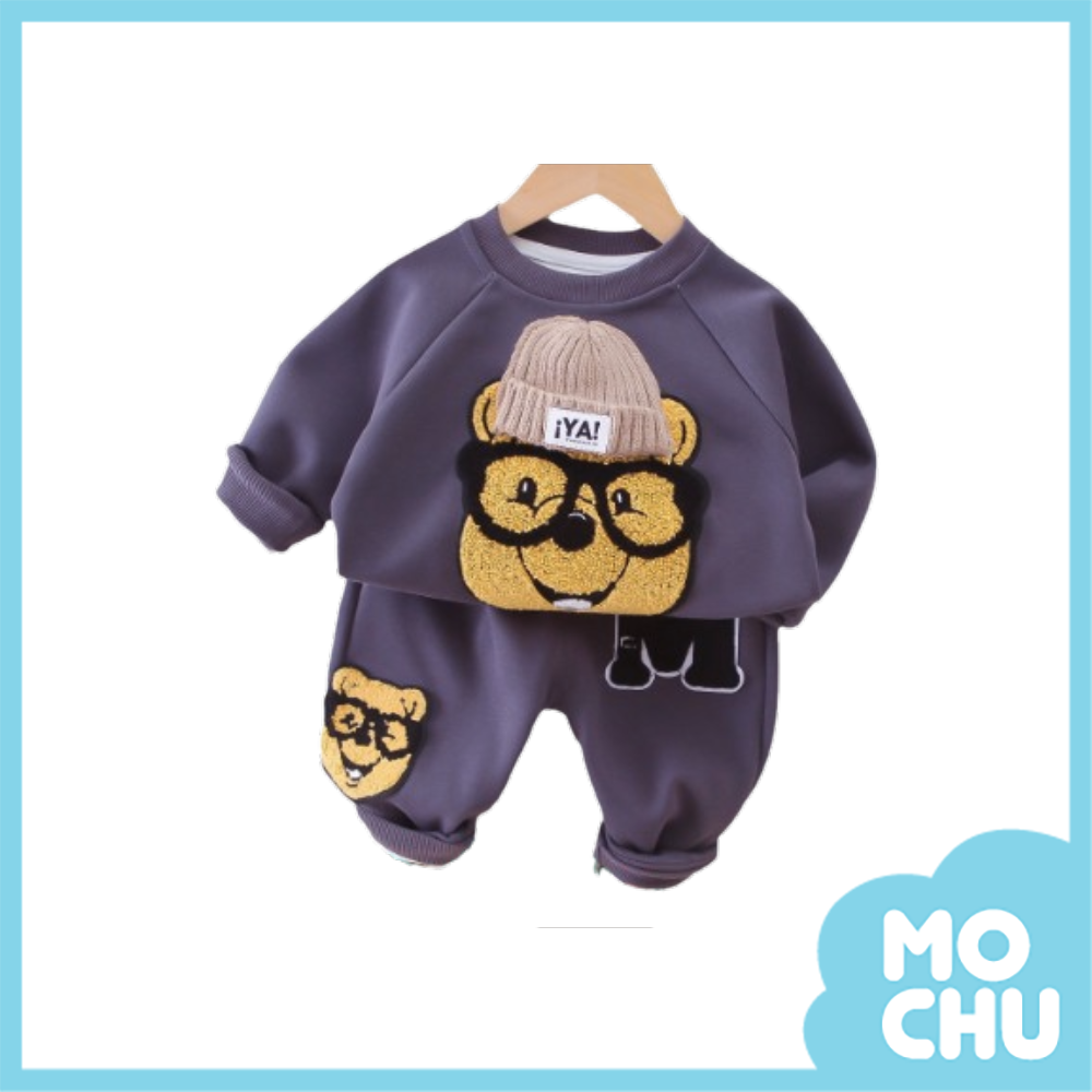 立體毛帽小熊長袖套裝(二色)