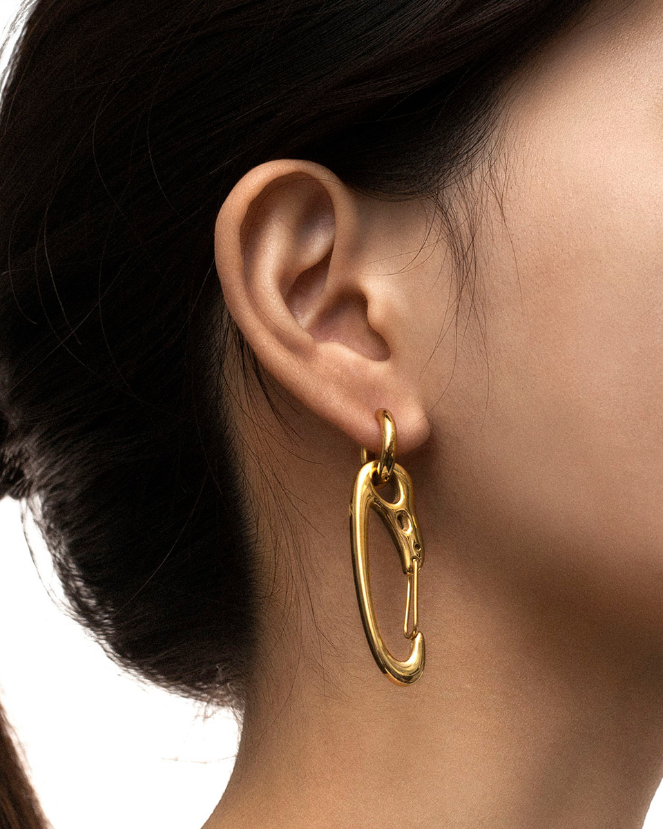 RECOVERY 烏鴉頭骨扣頭耳環 (亮金色)-單支販售