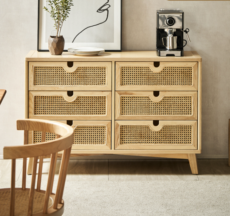 實木藤編六層抽屜櫃