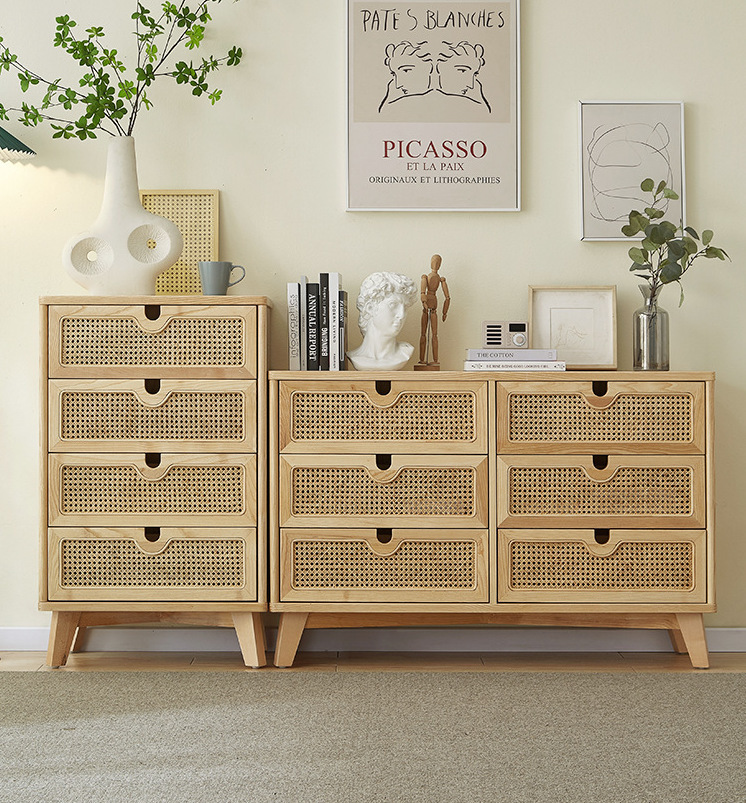 實木藤編六層抽屜櫃