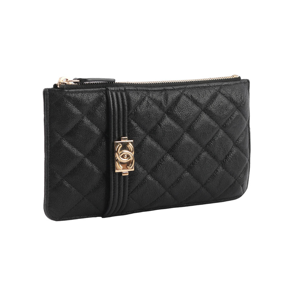 【CHANEL】Boy Chanel 金釦菱格紋牛皮拉鍊手機包/萬用包/手拿包