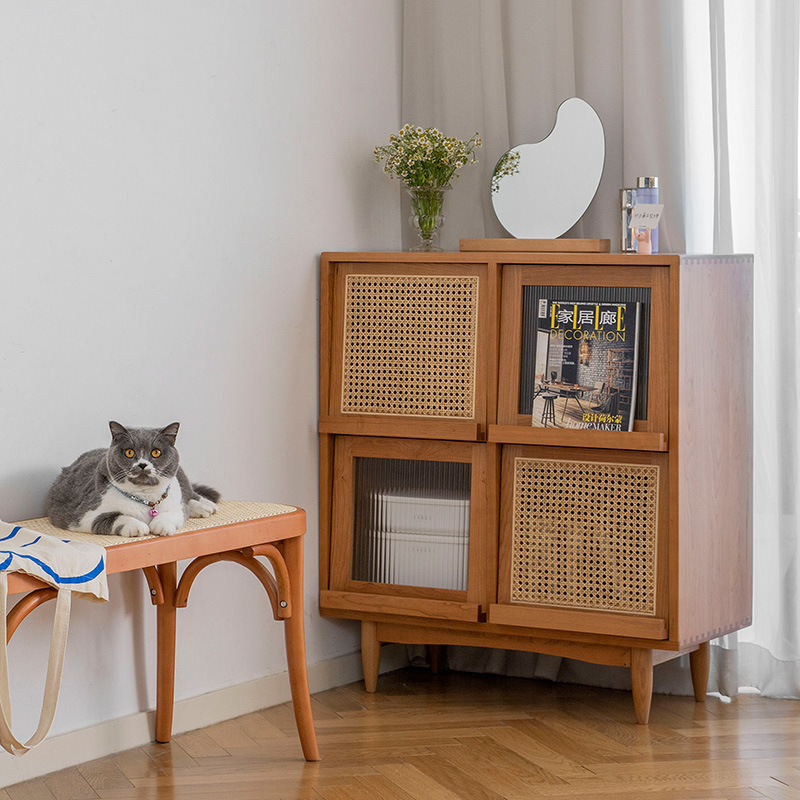 木質藤編四格收納櫃