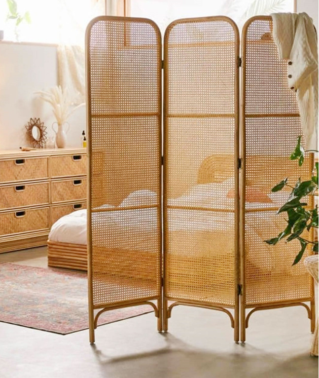 實木藤編折疊屏風