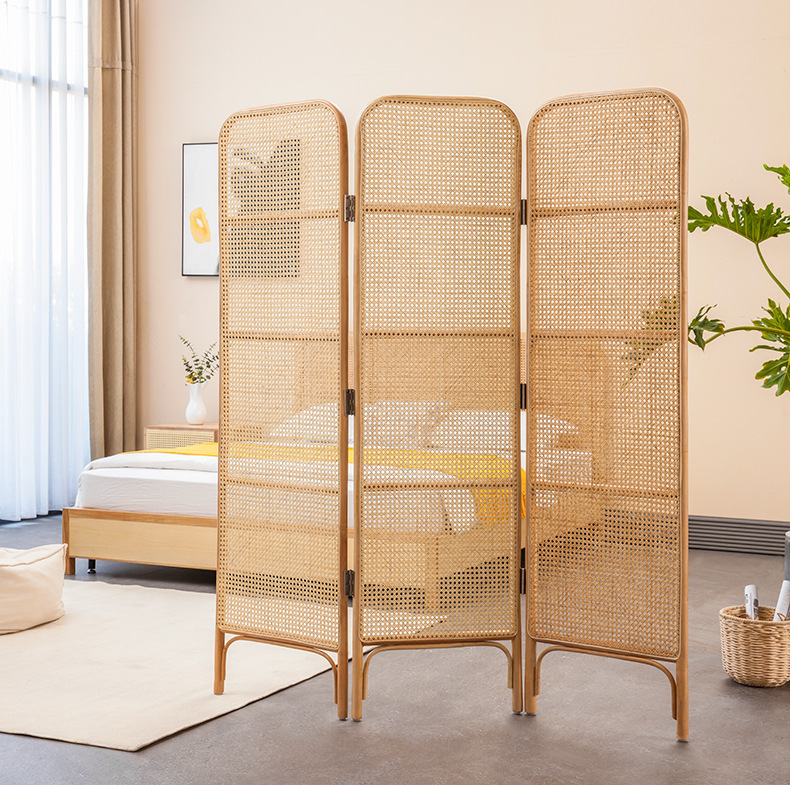 實木藤編折疊屏風