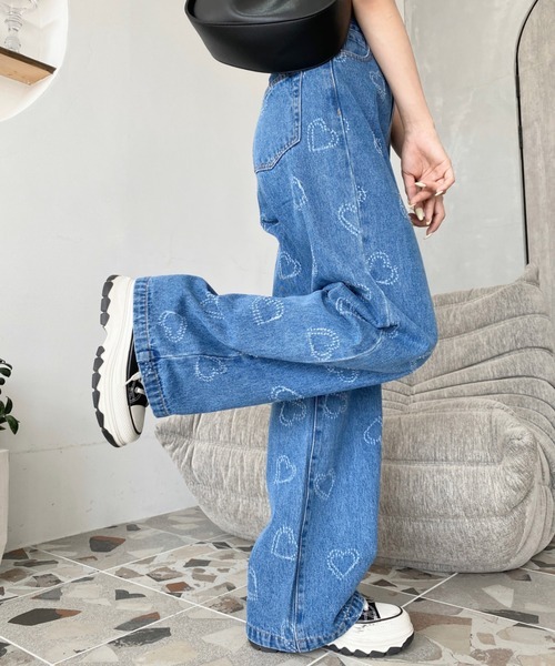 日系品牌服飾 moment+ 愛心牛仔褲 寬鬆 純棉 直筒褲 2色(任買兩件711免運)/預購