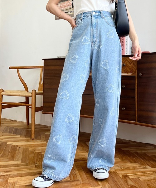 日系品牌服飾 moment+ 愛心牛仔褲 寬鬆 純棉 直筒褲 2色(任買兩件711免運)/預購