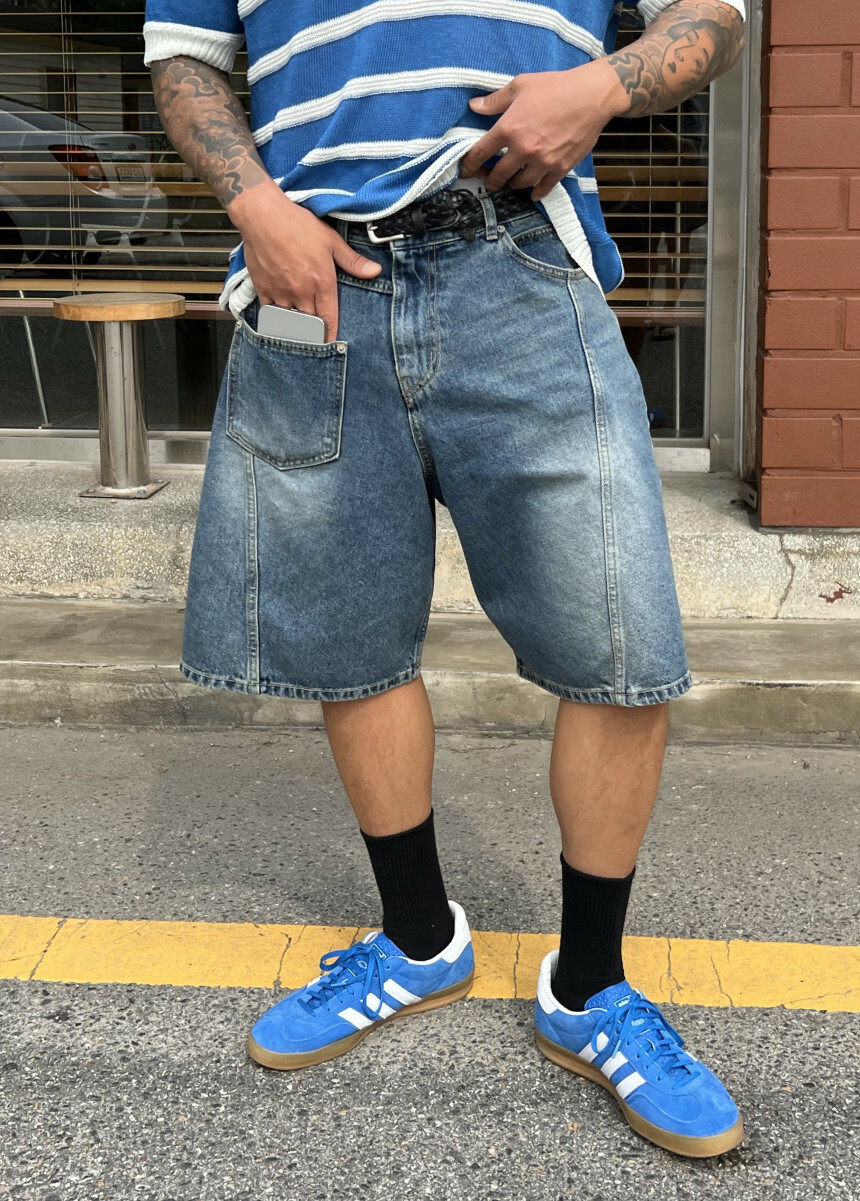 短口袋寬腿牛仔短褲