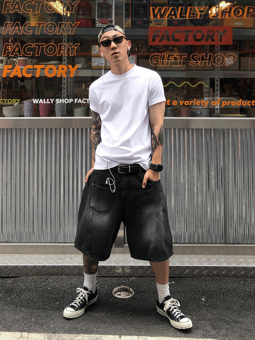 短口袋寬腿牛仔短褲
