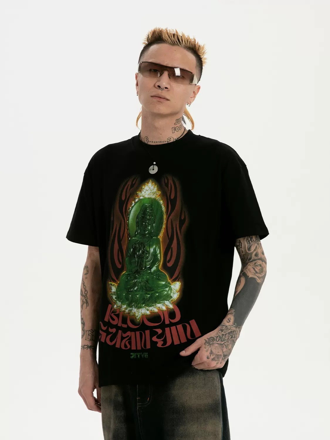 RTVG 中式宗教 火焰觀音玉珮 黑色短袖 T