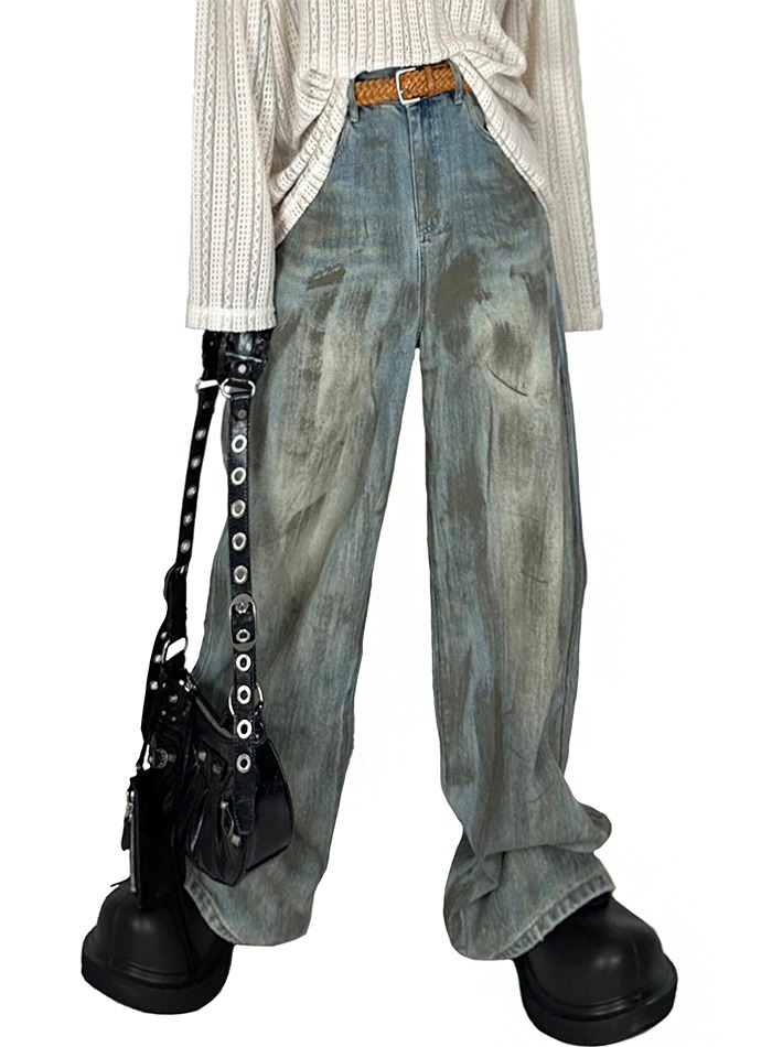 泥漿水洗寬腿牛仔褲