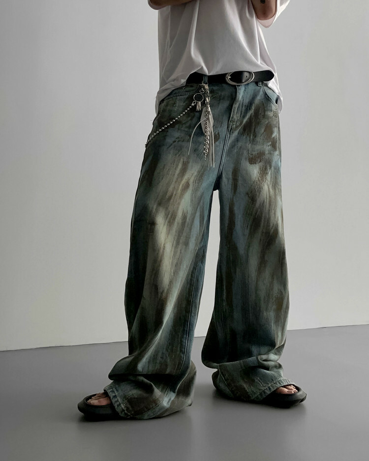 泥漿水洗寬腿牛仔褲