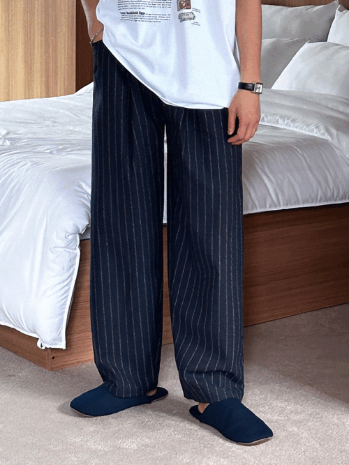 泡泡式條紋亞麻休閒褲