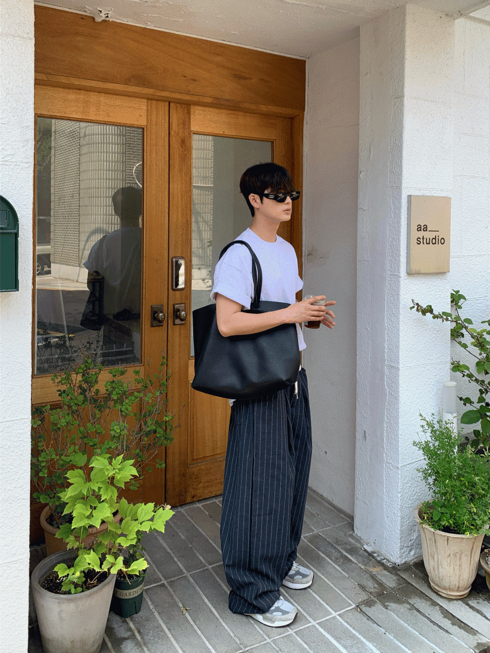 泡泡式條紋亞麻休閒褲