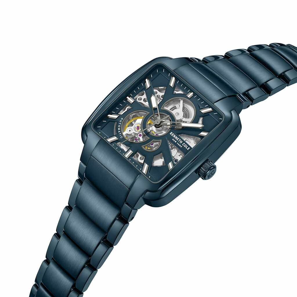 萬年鐘錶 - KENNETH COLE  美國紐約品牌  藍色方形透視機芯機械不鏽鋼男錶 KCWGY0046502 錶徑40MM