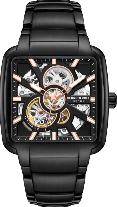 萬年鐘錶 - KENNETH COLE  美國紐約品牌  酷黑方形透視機芯機械不鏽鋼男錶 KCWGY0046503 錶徑40MM