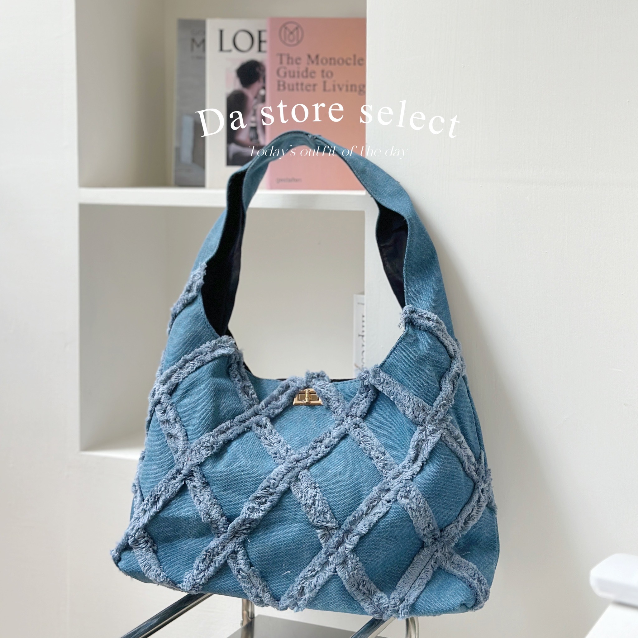 菱格毛邊牛仔腋下包/單一色