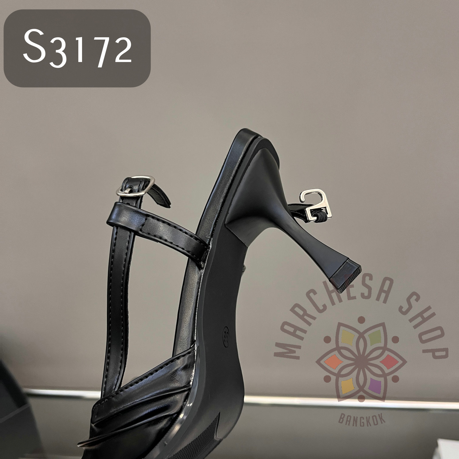 S3172 - 牛皮皺摺鈄搭尖方頭高踭涼鞋