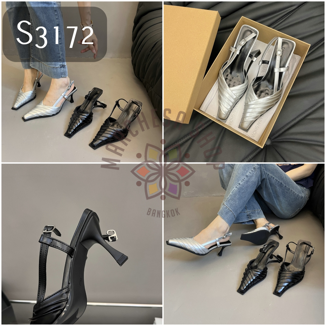 S3172 - 牛皮皺摺鈄搭尖方頭高踭涼鞋