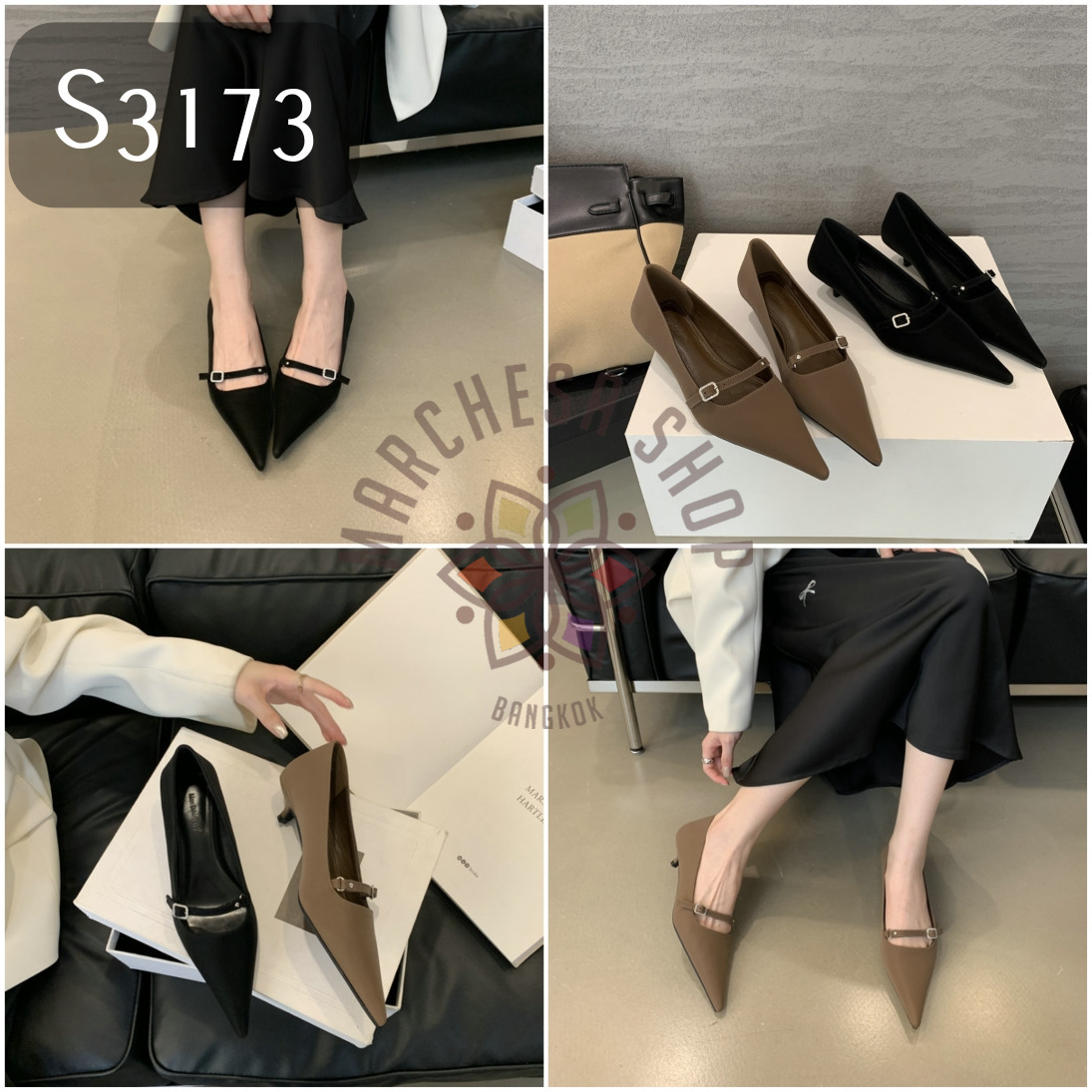 S3173 - 牛皮簡約一字扣尖頭低踭鞋