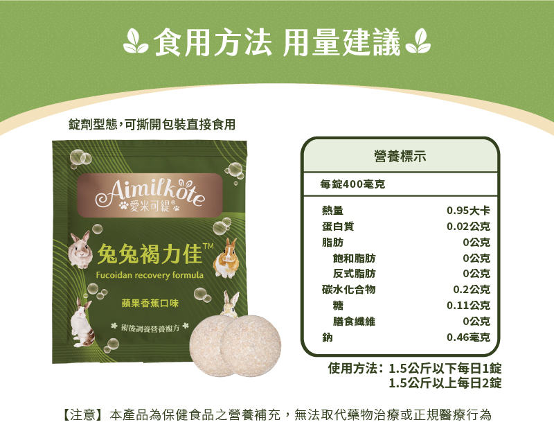 食用方法用量建議 營養標示 每錠400毫克 熱量0.95大卡 蛋白質0.02公克 脂肪0公克 飽和脂肪0公克 反式脂肪0公克 碳水化合物0.2公克 糖0.11公克 膳食纖維 0公克 鈉0.46毫克 使用方法:1.5公斤以下每日1錠 1.5公斤以上每日2錠 錠劑型態,可撕開包裝直接食用 【注意】本產品為保健食品之營養補充,無法取代藥物治療或正規醫療行為