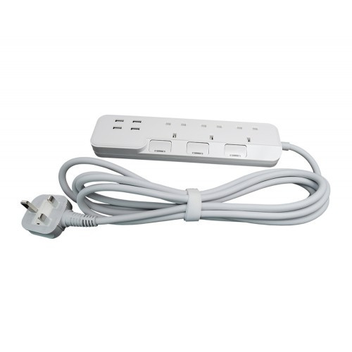 Omni 13A 3位獨立開關有指示燈拖板連4位USB充電插位 UK034-10