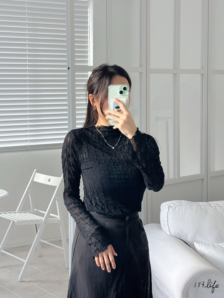 |現貨|🇰🇷波浪親膚透膚長袖上衣(黑.杏)