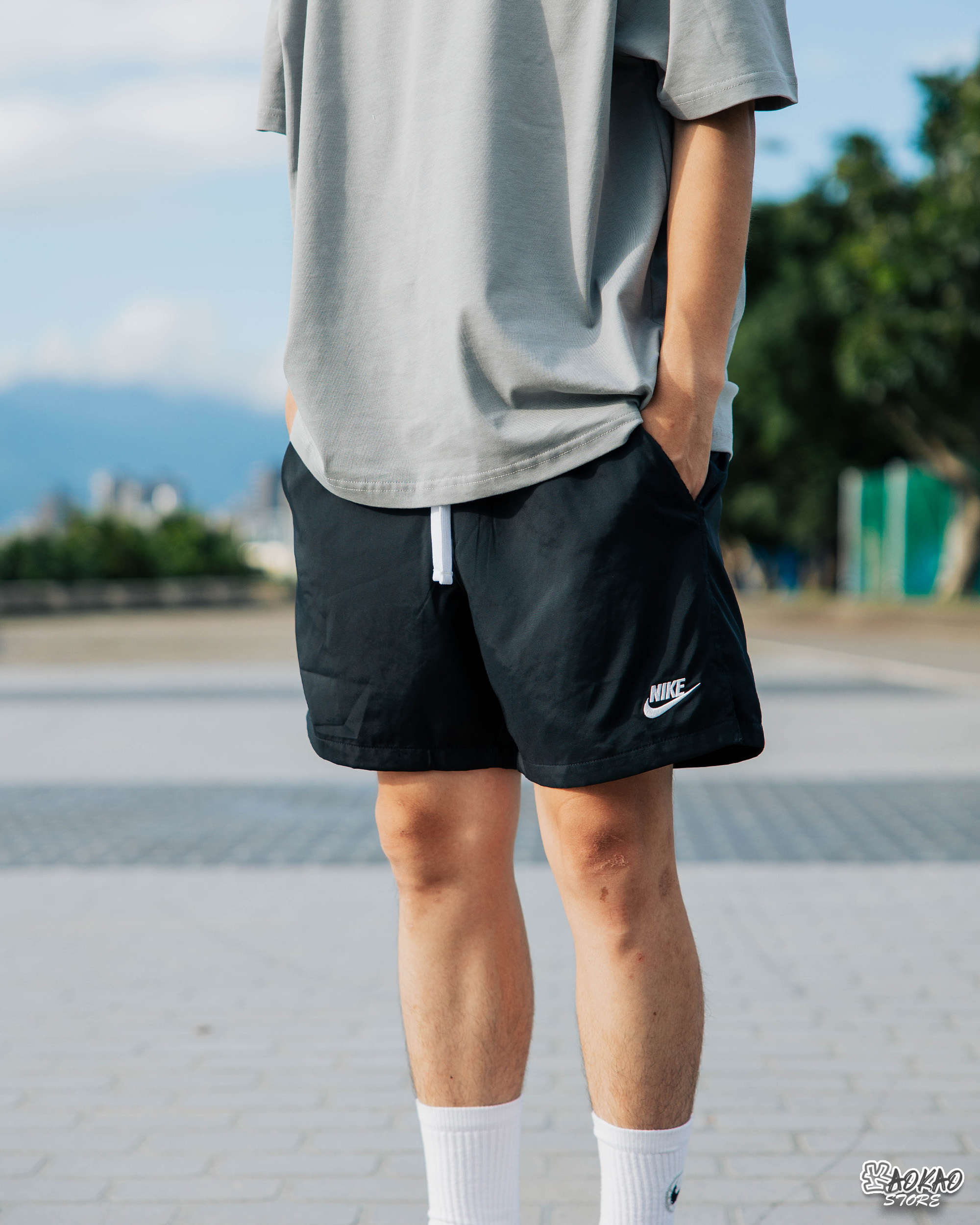 NIKE NSW SHORT 短褲 黑色 膝上 尼龍 海灘褲 刺繡小勾 抽繩 後口袋 男 【AR2383-010】