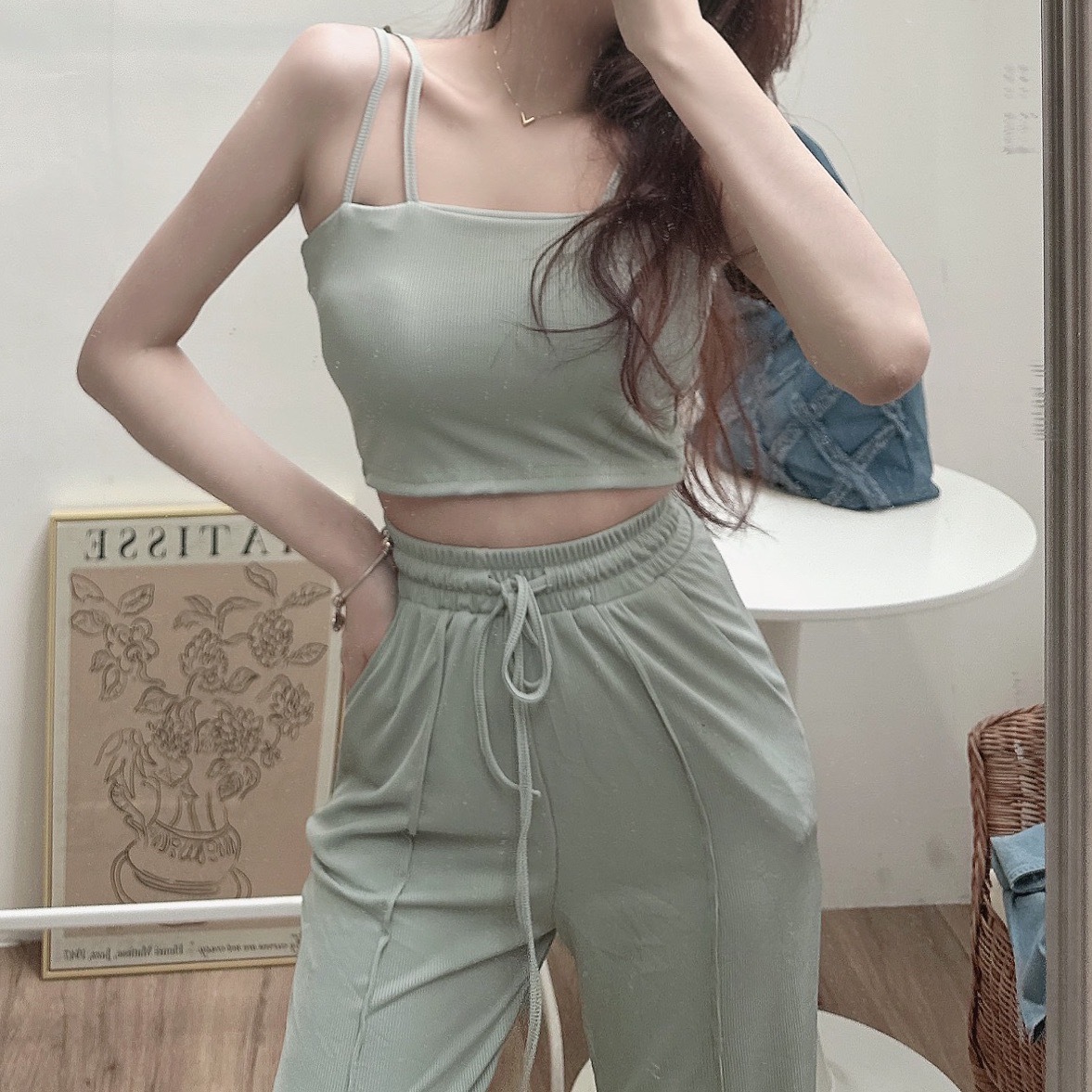 休閒坑條胸墊套裝/二色