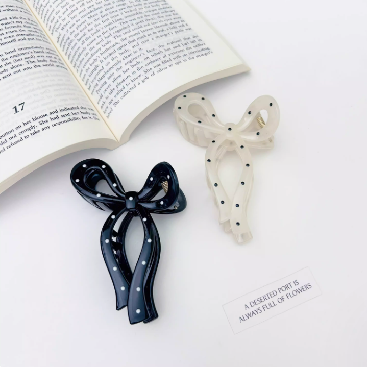 [2 FOR RM10] Fresh Black &d White Polka Dot Ribbon Hair Claw