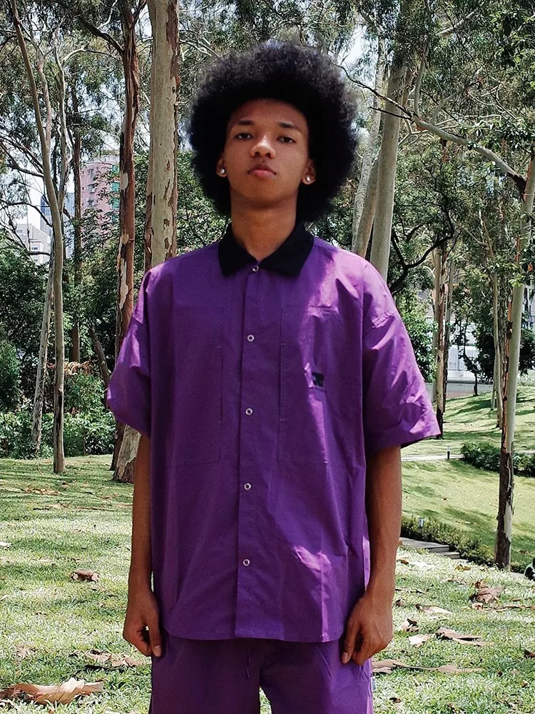 RTVG 寬鬆翻領 休閒工裝 紫色 短袖襯衫