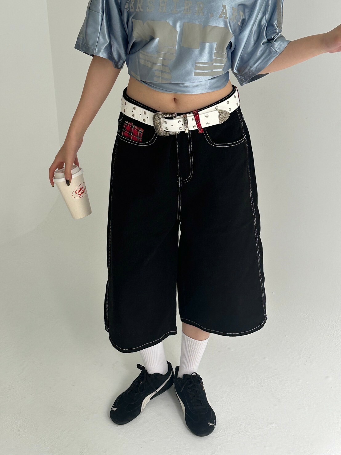 Cool baby  美式復古紅格拼接七分褲（現貨）