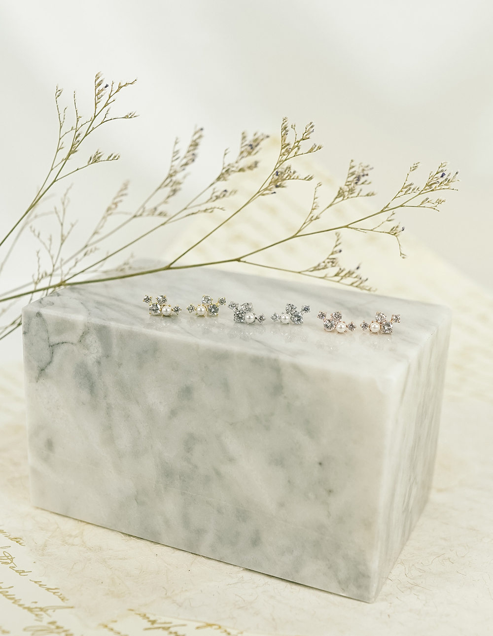 925 純銀不規則珍珠水鑽排列耳環✦金