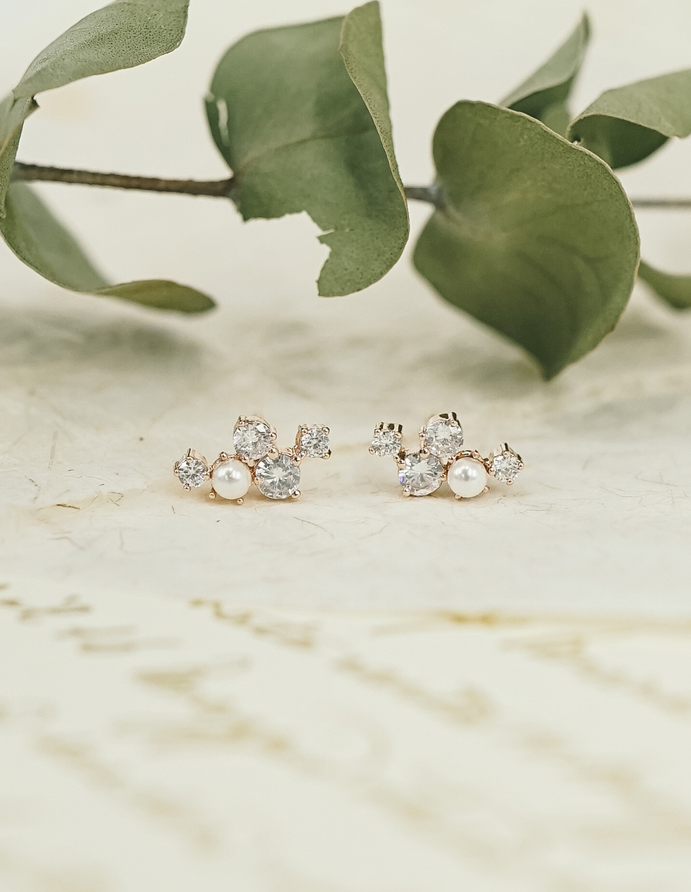 925 純銀不規則珍珠水鑽排列耳環✦玫瑰金