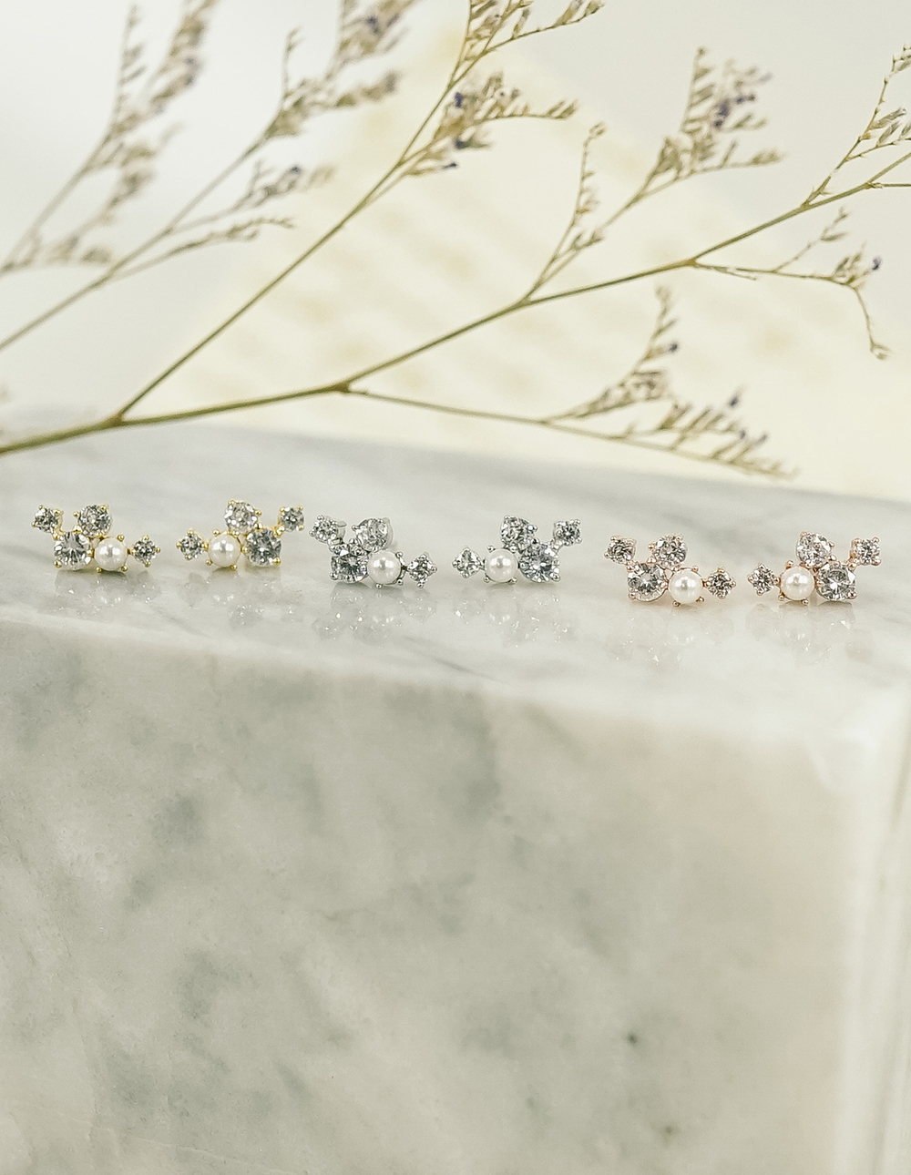 925 純銀不規則珍珠水鑽排列耳環✦玫瑰金